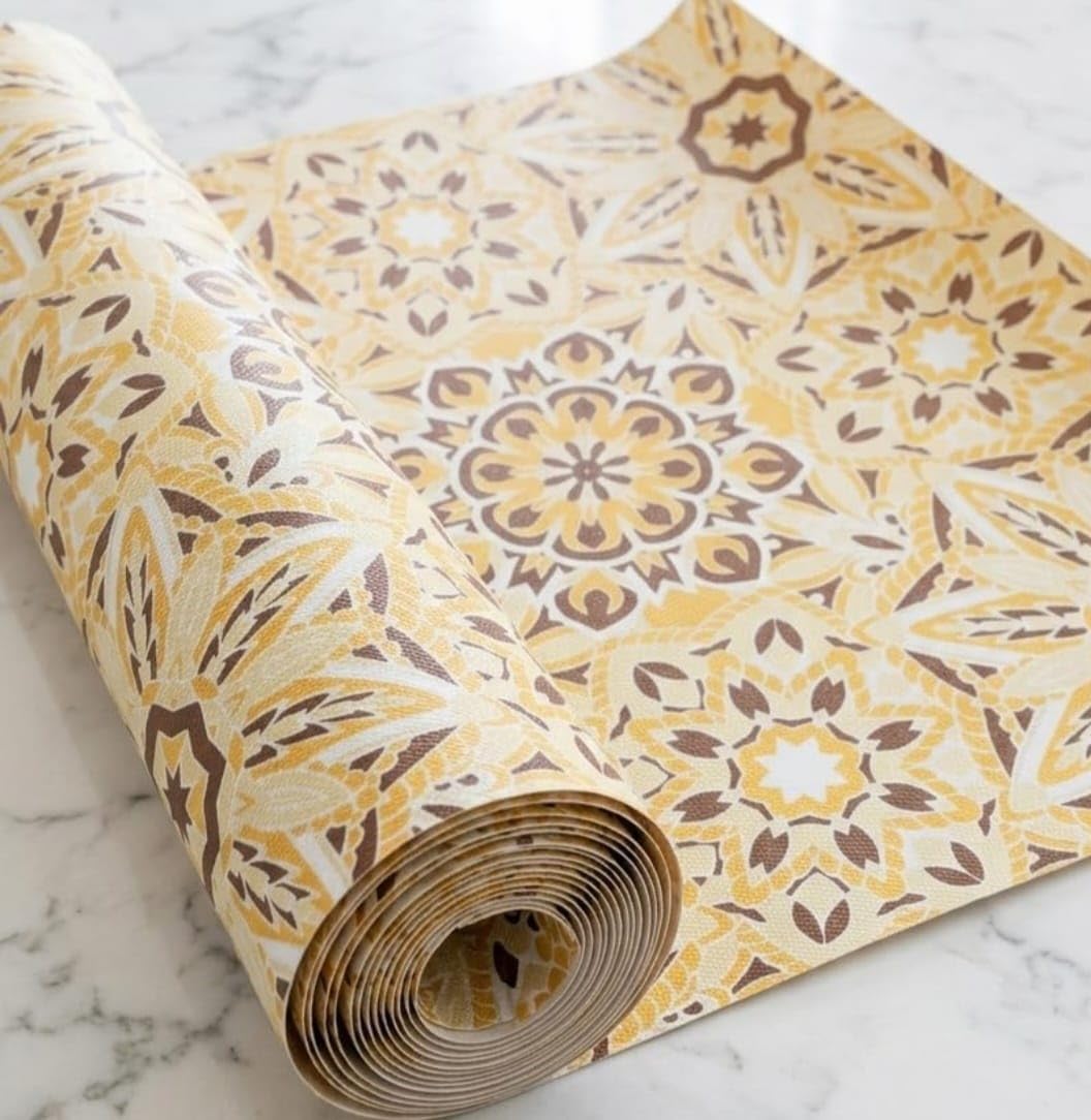Dribble (45cm X 500cm) Eva Shelf Liner Mat Roll, Non Slip Drawer & Cabinet Liner for Kitchen, Waterproof Oilproof Washable Fridge Mat, Anti Skid Cupboard Wardrobe Multipurpose Mat (Yellow mandala Art) Kafalo