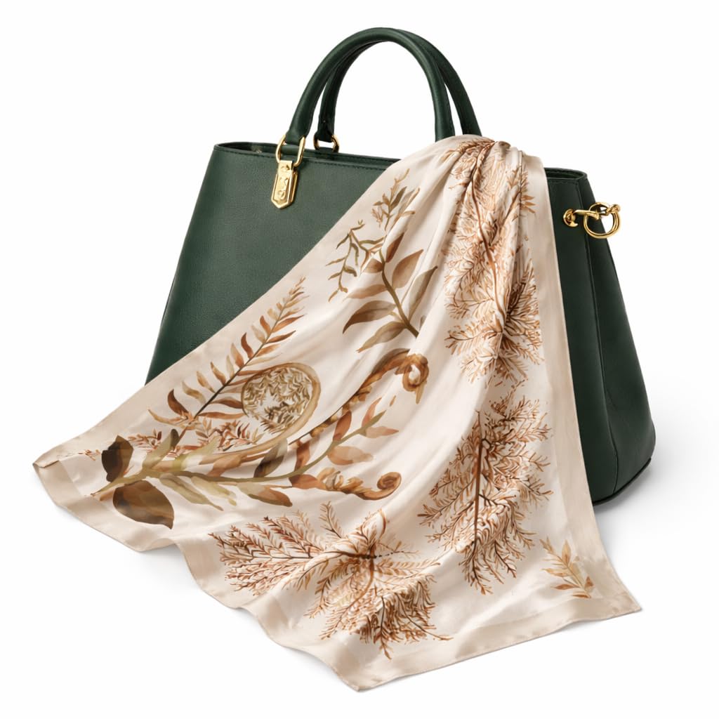 AMN Trendzz Satin Silk Scarf for Women, Stylish Satin Scarf 65×65 cm Square, Scarf for Women Elegant Head and Neck Accessory for Fashion, Travel and Gifting. (Botanical Fern – Beige & Brown)
