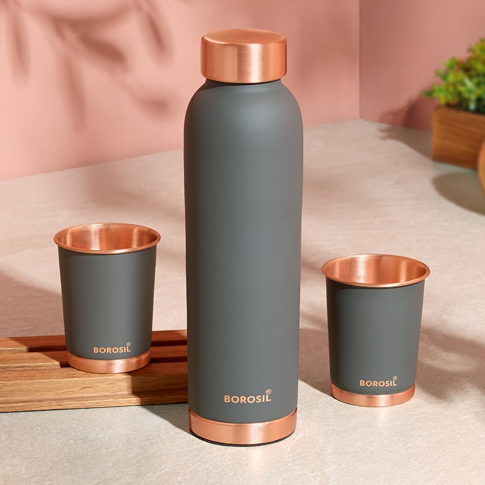 Borosil Eco Copper Bottle with Glass Set | 1L Bottle with 2 Tumbler (250 ml Each) | 100% Pure Copper with Anti-Oxidant Properties of Copper for Daily Use (Grey)