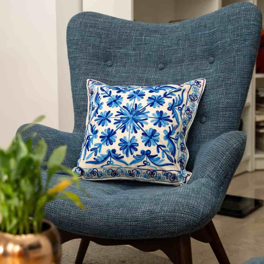 ATRANGI STUDIO Embroidered Cushion Covers - Set of 2 | Traditional Aari Embroidery | Threadwork Throw Pillow Covers with Zip Closure | Perfect for Sofa, Bed, Chair | 16x16 Inch, Blue