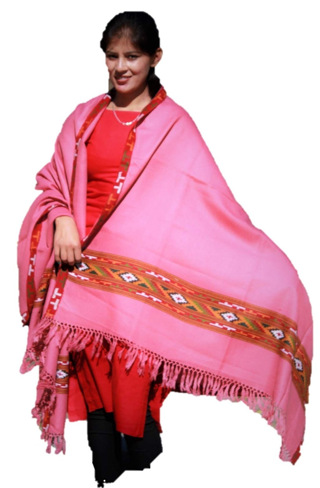HImalayanKraft Hand Woven Kullu Handloom Pure Woolen Shawl Pink Colored with Beautiful Kullu Weaving Designed for Women and Girls.