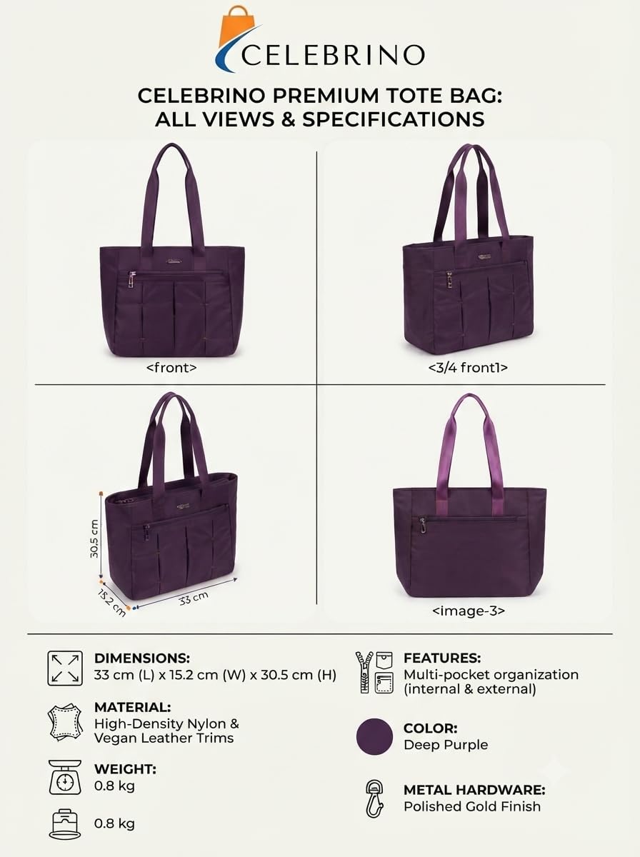 CELEBRINO Spacious Tote Handbag for Women | Nylon Hand Bags with Multiple Zip Compartments | Waterproof Large Shoulder Bag for Office, College, Travel & Shopping | Multi Pocket Zipper Handbags