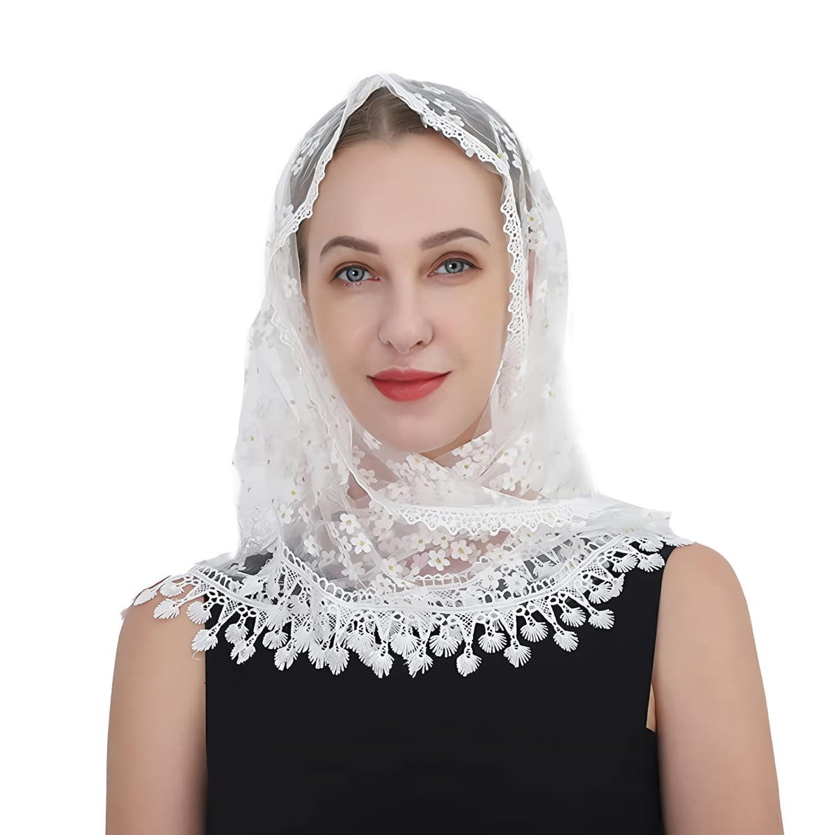 TecoKart Stole for Women, Head Scarf for Women White Shawl Lace Mantilla Veil Church Tassel Flower Triangle Scarf for Mass Wedding Bridesmaids, For Female