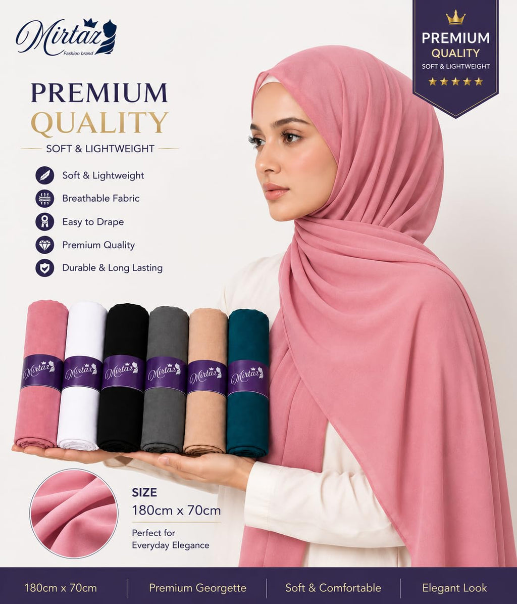 MIRTAZ Women's Chiffon Hijab Combo Pack of 6 | Soft Lightweight Plain Hijab Scarf | 180 x 70 cm