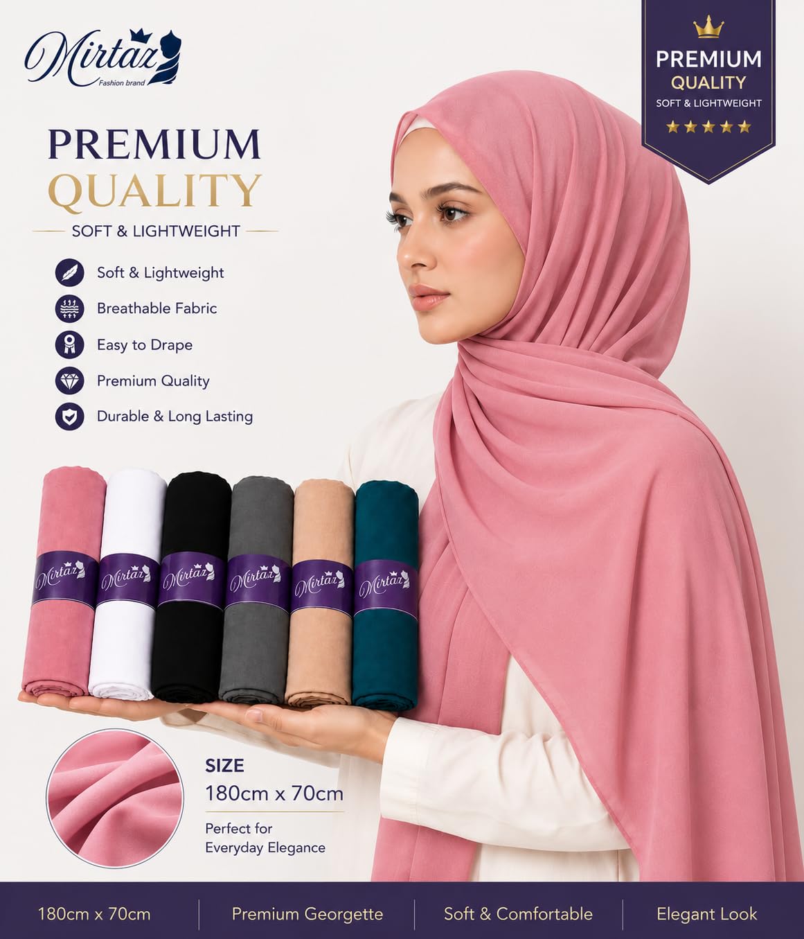 MIRTAZ Women's Chiffon Hijab Combo Pack of 6 | Soft Lightweight Plain Hijab Scarf | 180 x 70 cm