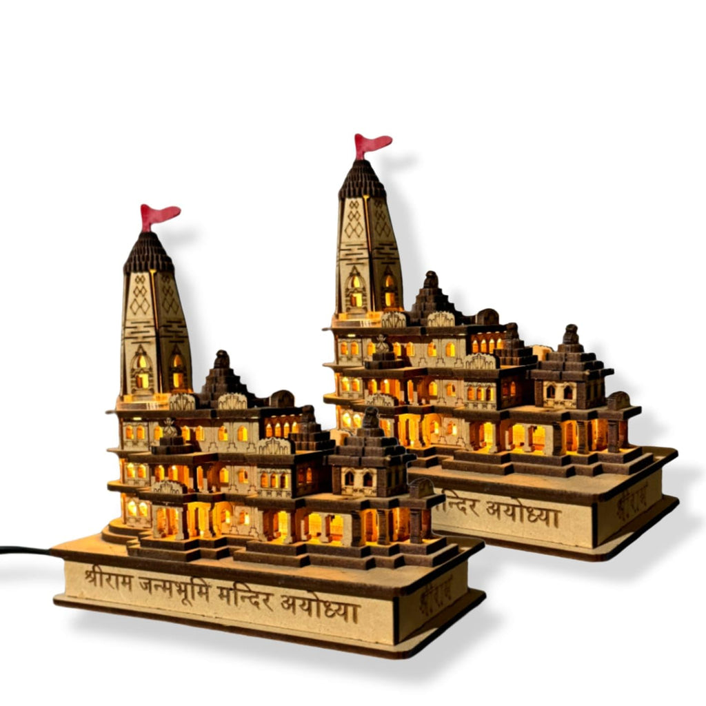 eXme Ram Mandir Ayodhya Model 3D Replica Handcrafted Wooden Traditional - Intricate MDF Craftsmanship, Authentic Design with Multicolour Light, Size (6x4) inch (Pack of 2)