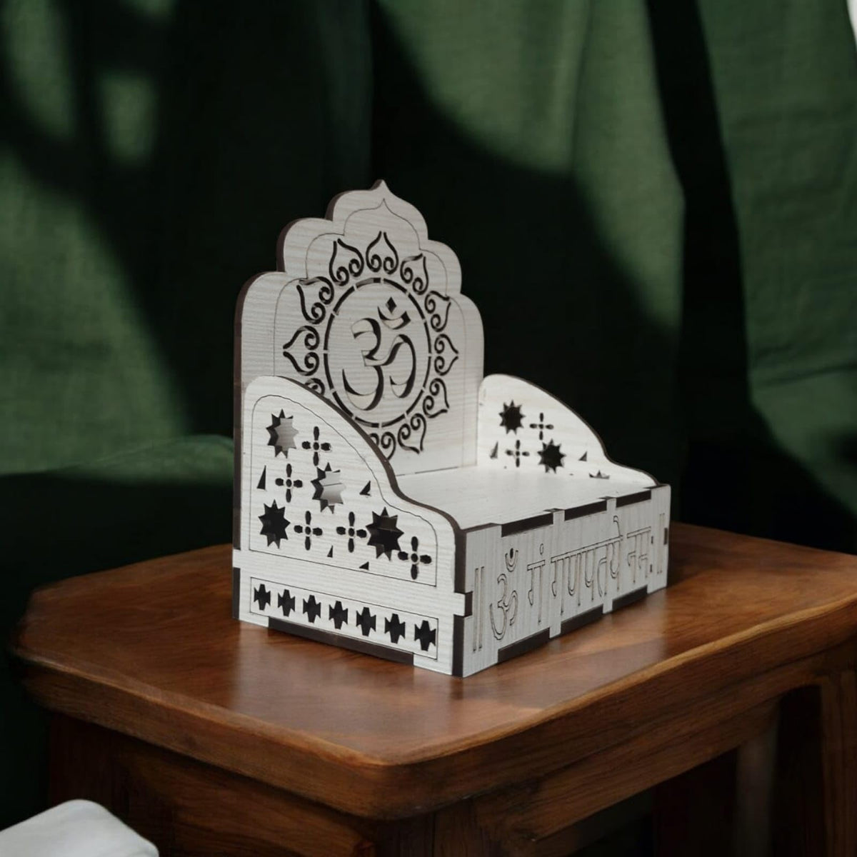 QUEENS CANVAS Wooden Om Symbol Dashboard Temple, Car Mandir Showpiece with Sanskrit Text, White MDF