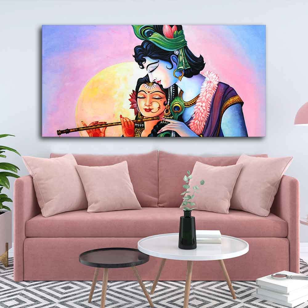 VIBECRAFTS Canvas Paintings for Living Room Drawing Room Colorful Wall Painting of Radha Krishna Fitted with Wooden Frame for Home|Office|Gift(PTVCH_2243)