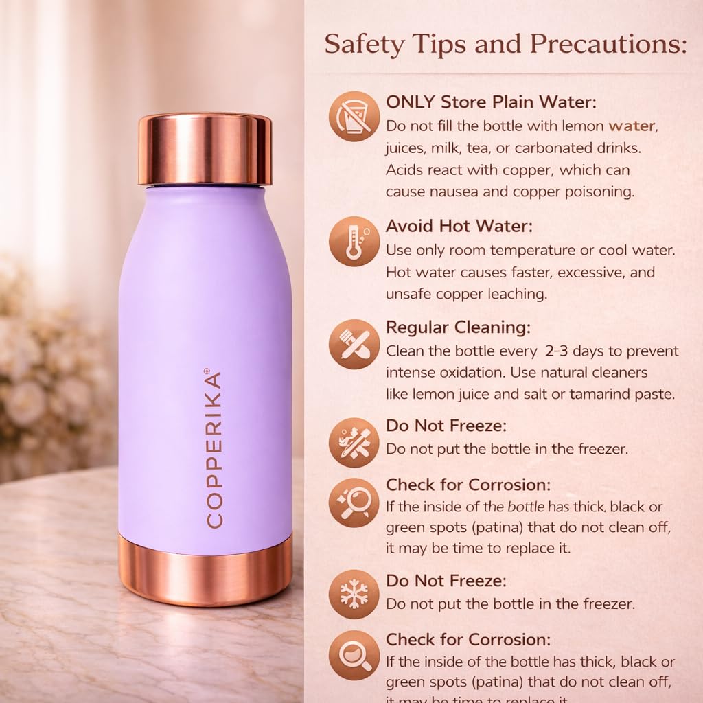 Copperika® Printed 100% Pure Copper Water Bottle 500ml + COPPER TONGUE CLEANER FREE Original Heavy Build | Gift Item | Marriage | Return Gift Item For Home, Office, Kids & Etc