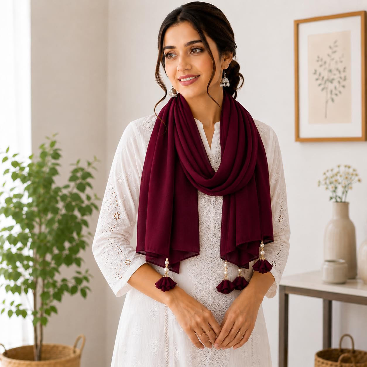 Women’s Chiffon Scarf Soft Lightweight Premium Stoles for Girls & Women | Stylish Modest Wear Dupatta for Daily & Party Use (Wine)