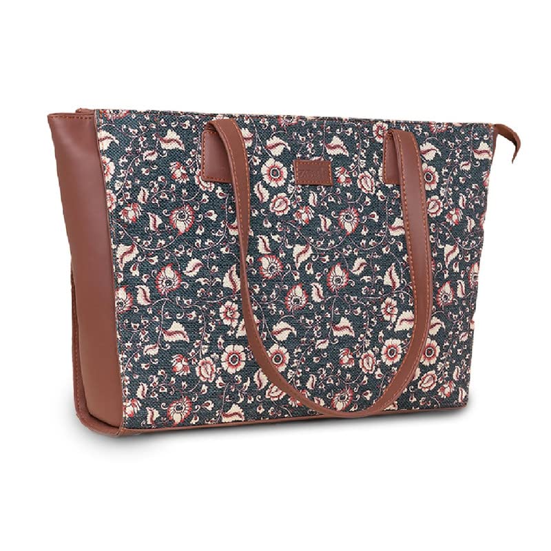 ZOUK Chittoor Blue Kalamkari Motif Printed Jute Handcrafted Vegan Leather Women's Blue Structured Tote Bag Contemporary