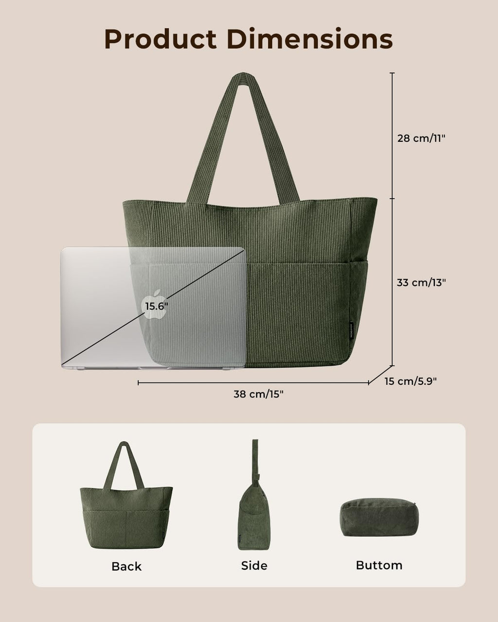 Batfield Large Tote Bag for Women with Zipper & 9 Compartments, Casual Corduroy Shoulder Bag, Lightweight Foldable Travel Handbag for College, Work, Shopping & Daily Use (Green)