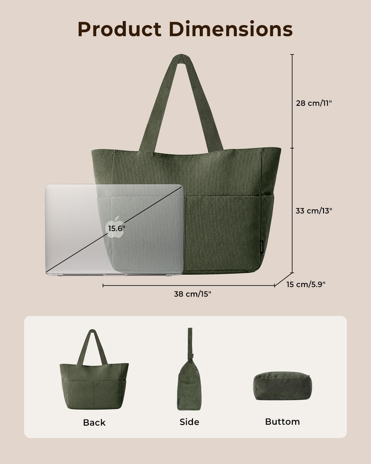 Batfield Large Tote Bag for Women with Zipper & 9 Compartments, Casual Corduroy Shoulder Bag, Lightweight Foldable Travel Handbag for College, Work, Shopping & Daily Use (Green)