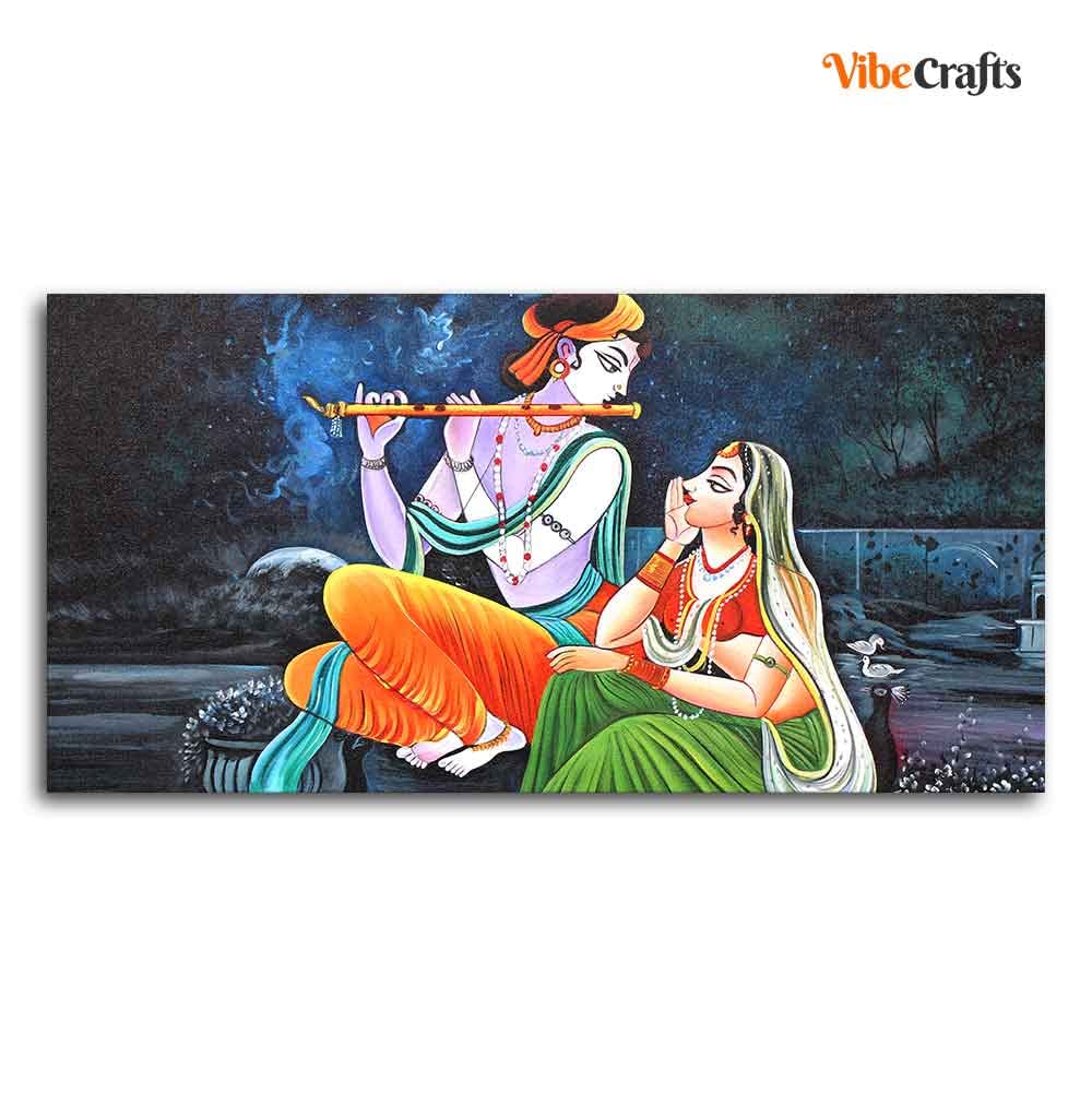 VIBECRAFTS Canvas Paintings for Living Room Drawing Beautiful Radha Krishna in Dark Forest Big Wall Painting Art Fitted with Wooden Frame Home | Office | Gift (PTVCH_2251)