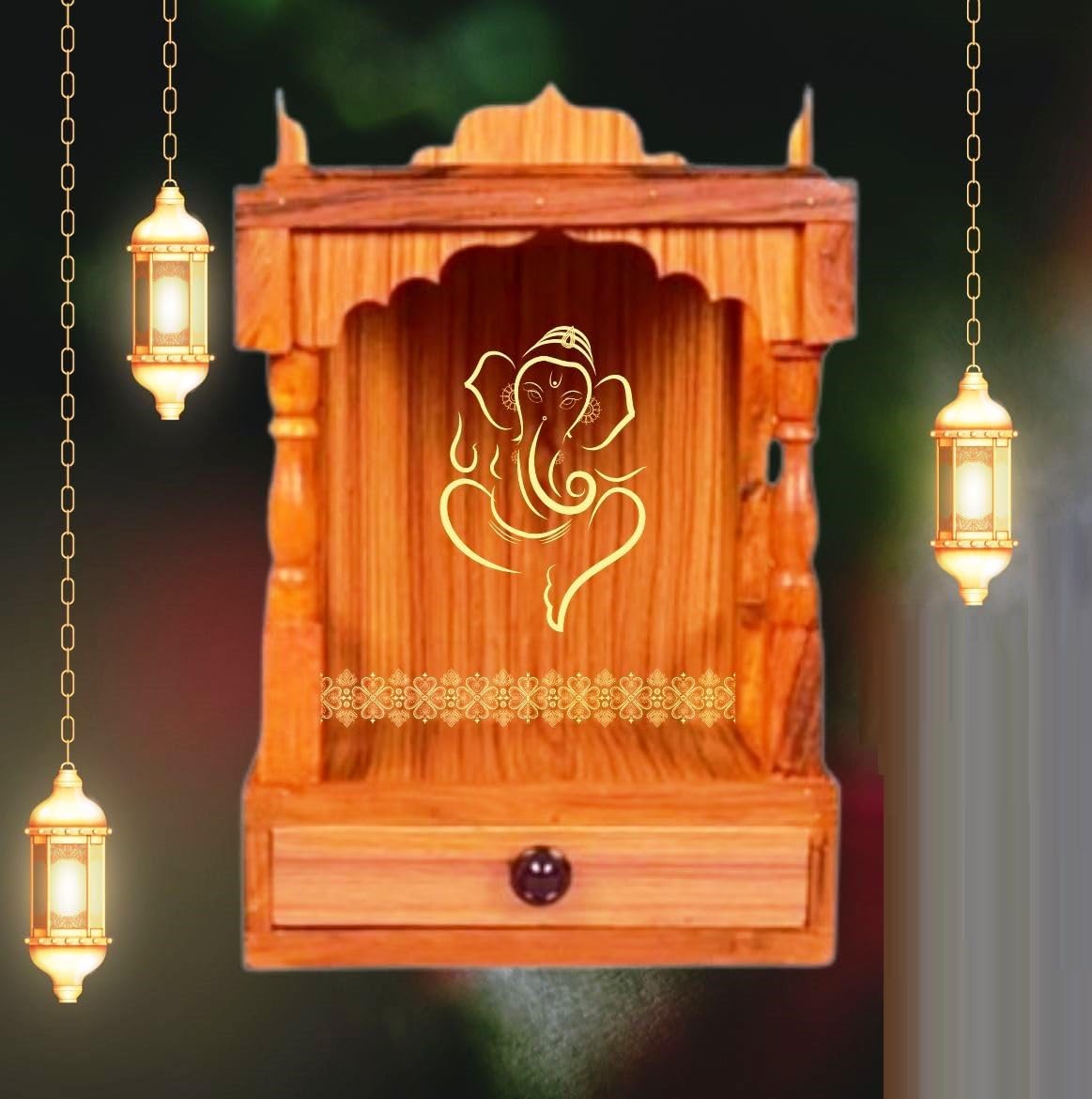 Beautiful Wooden Pooja Mandir for Home & Office | Wall-Mounted Temple with LED Spot Light & Storage | Handcrafted Art & Craft Pooja Stand | Elegant Puja Mandap for Home Temple (32D x 32W x 45H cm)