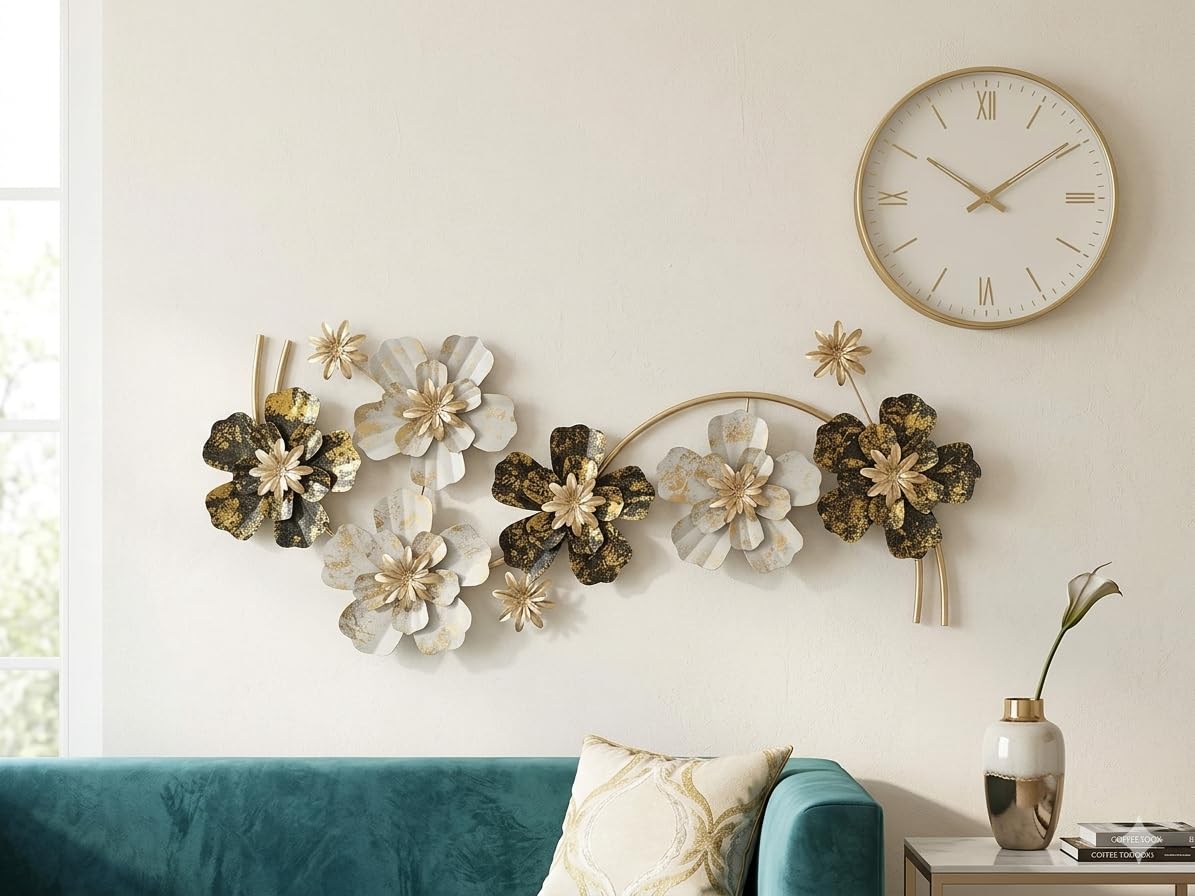 Mahira Artefacts 3D Metal Flower Wall Art, Gold and Black, Iron, Modern Contemporary, Botanical Theme, Matte with Antique Gold Finish, Indoor Wall Decoration