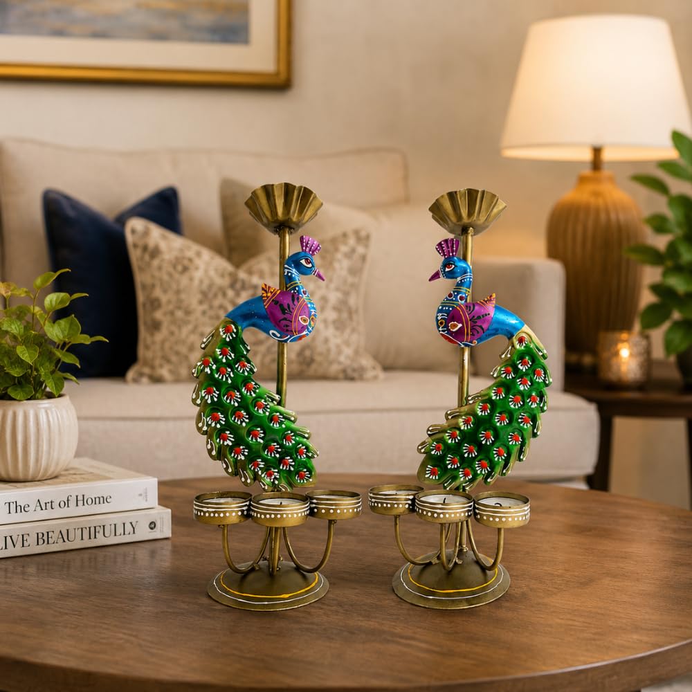 NOVERA MATERIALS Peacock Candle Holder Set of 2 | Handcrafted Metal Tea Light Stand with Colourful Peacock Design for Living Room, Table, Festive Décor & Gifting (Peacock Candle Light)
