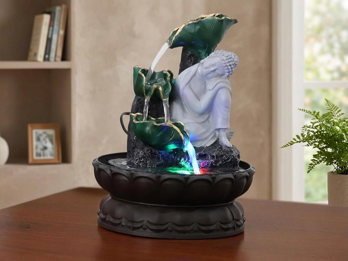 Kridaykraft Resting Buddha Tabletop Water Fountain with LED Lights – Decorative Indoor Waterfall Showpiece for Living Room, Office Desk & Meditation Decor (Multicolor)