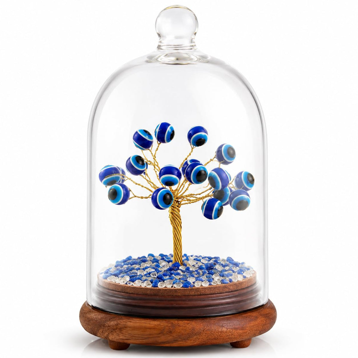 Evil Eye Tree with Glass Dome, Blue Evil Eye Beads on Wooden Base, Decorative Crystal Tree Showpiece for Home Office Tabletop Decor