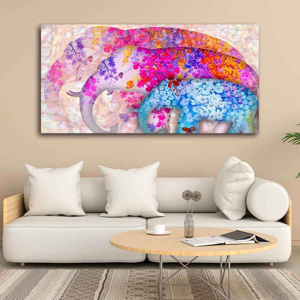 VIBECRAFTS Canvas Paintings for Living Room Drawing Room Three Abstract Art Elephants Canvas Wall Painting Fitted With Wooden Frame for Home | Office | Gift (PTVCH_2412N)