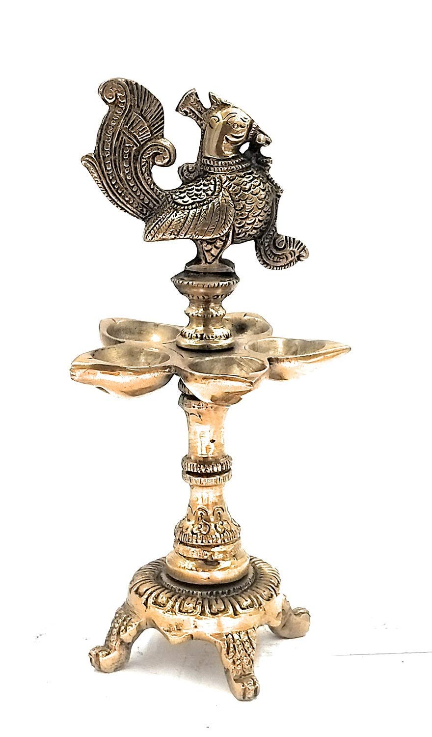 Artvarko Brass Peacock Traditional Design 5 Wick Oil Lamp Diya for Home Office Temple Decor Gift 9.5 Inch