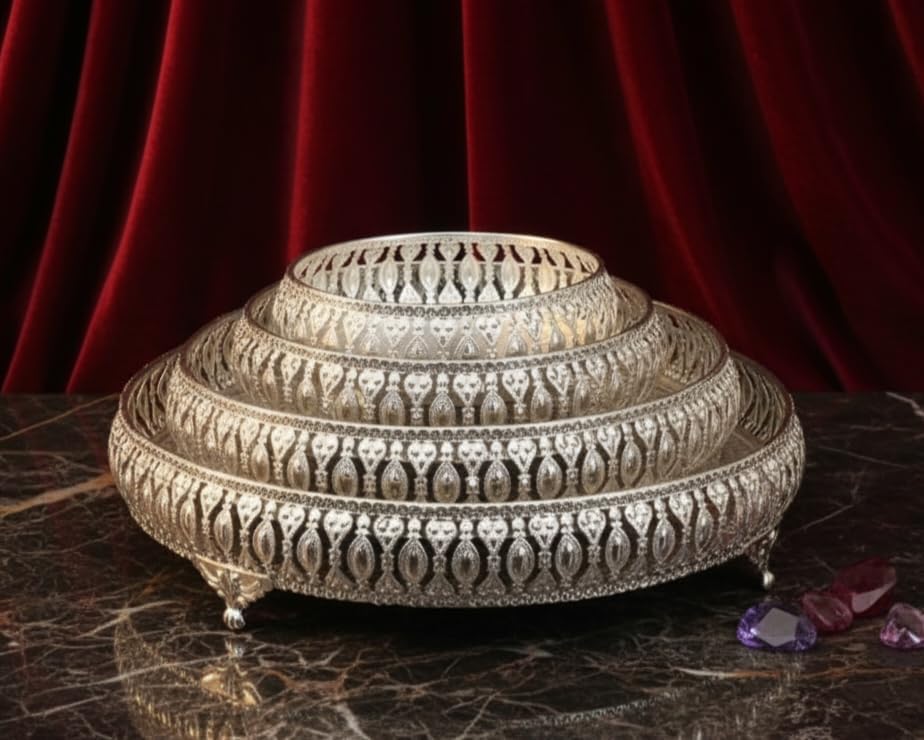 Decorative German Silver Tray Set of 4 Sets Designer Set Trays I Gifting Trays Set [Display for Home Wedding and Festive Decor Size 10 inch 8 inch 6 inch 4 inch. Without Stand. Flat Trays