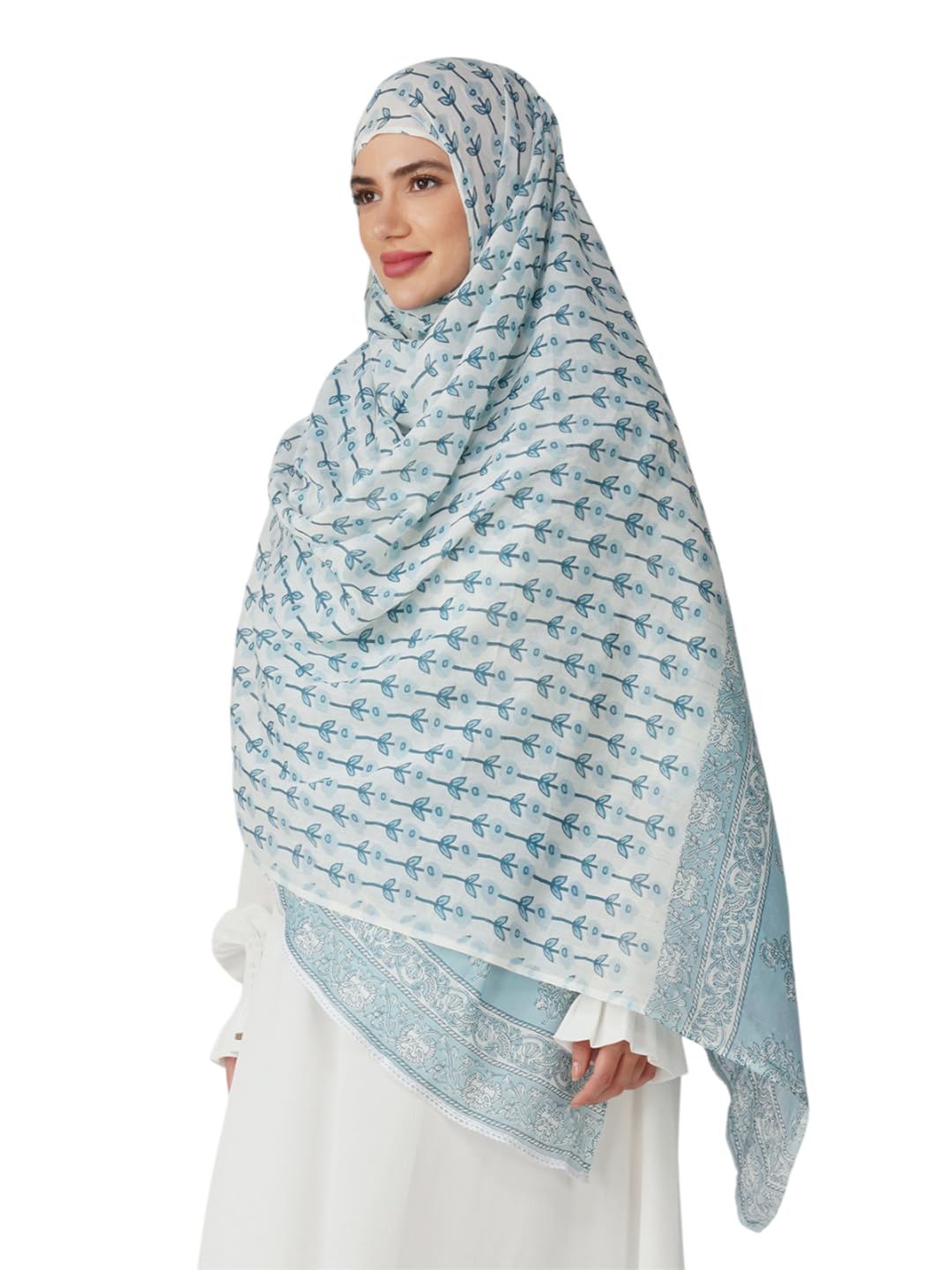 ANAApparels ANA Amal Blue Floral Dupatta | 88 x 43 Inches – Premium Mulmul Cotton | Lace Border | Lightweight, Soft & Breathable