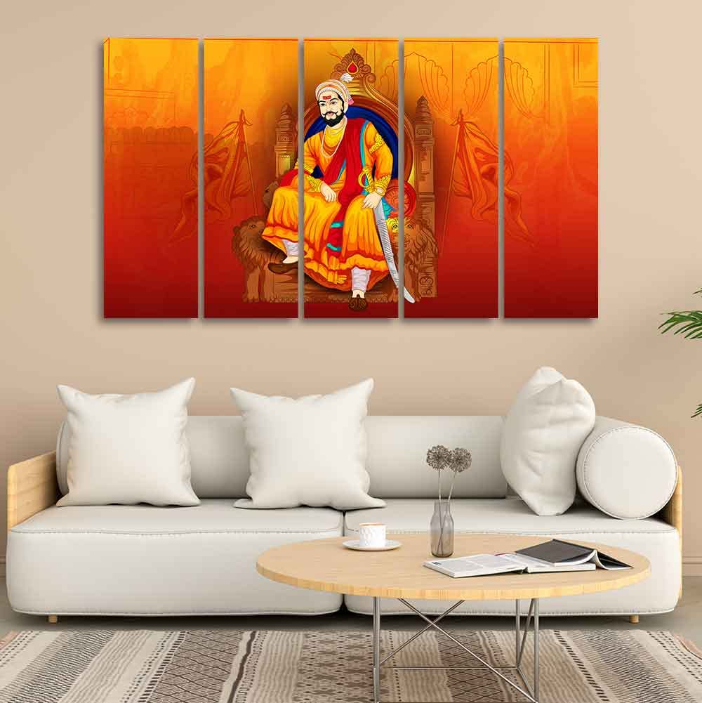 VIBECRAFTS Indian Warrior Chhatrapati Shivaji Maharaj Wall Painting of Five Pieces For Home|Office|Living Room|Gift (PTVC5Pcs4_8733)