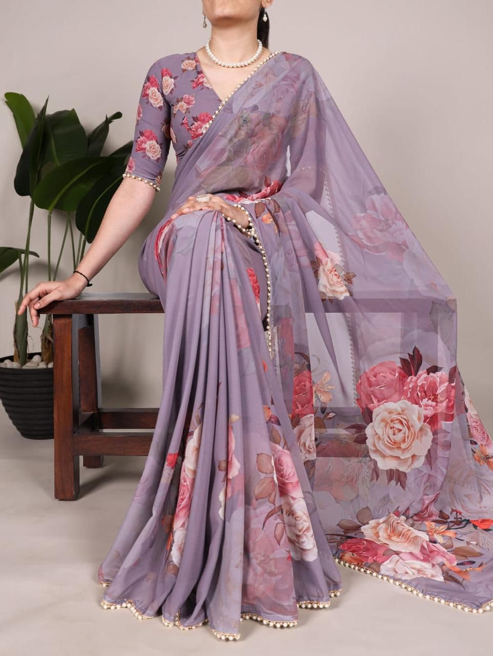 Femori Women's Georgette Floral Printed Saree, Aqua Blue with Pearl Border Detailing, Lightweight and Breathable (LAVENDER)
