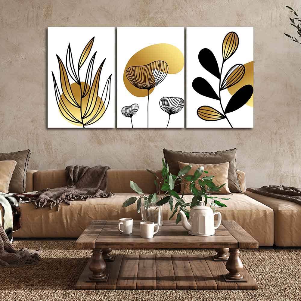 VIBECRAFTS 3 Pieces Golden Botanical Line Art Canvas Wall Painting Fitted With Wooden Frame For Home | Office | Living Room | Gifts(PTVC3Pcs3_11522N)