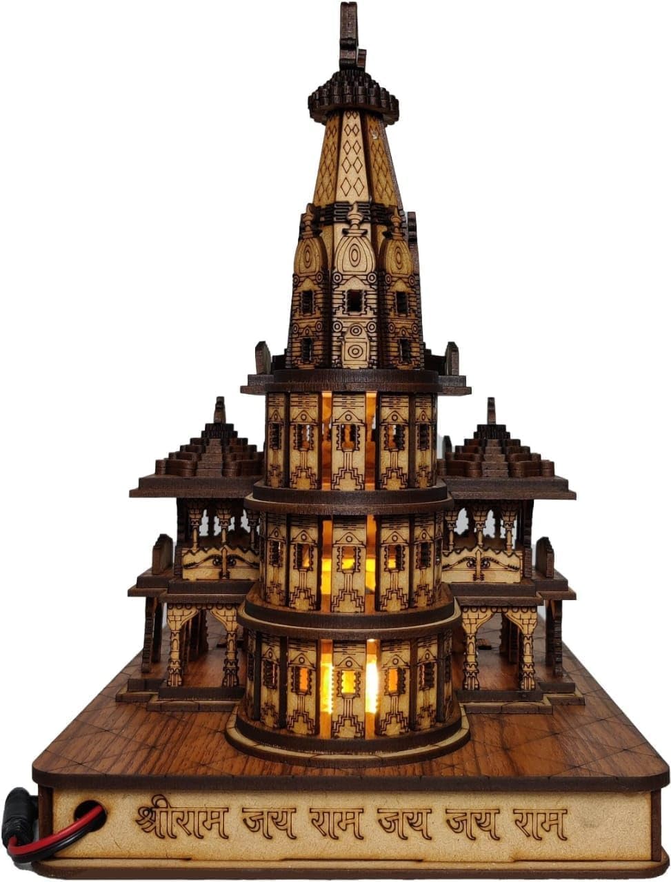 Rcelebrare LED Light Hand Carved Temple with Multicolor Lights Shri Ram Mandir Ayodhya 3D Decorative Showpiece Wood Temple for Gift Replica Wooden Ram Janmbhoomi for Home Decoration (Big 6 -inch)
