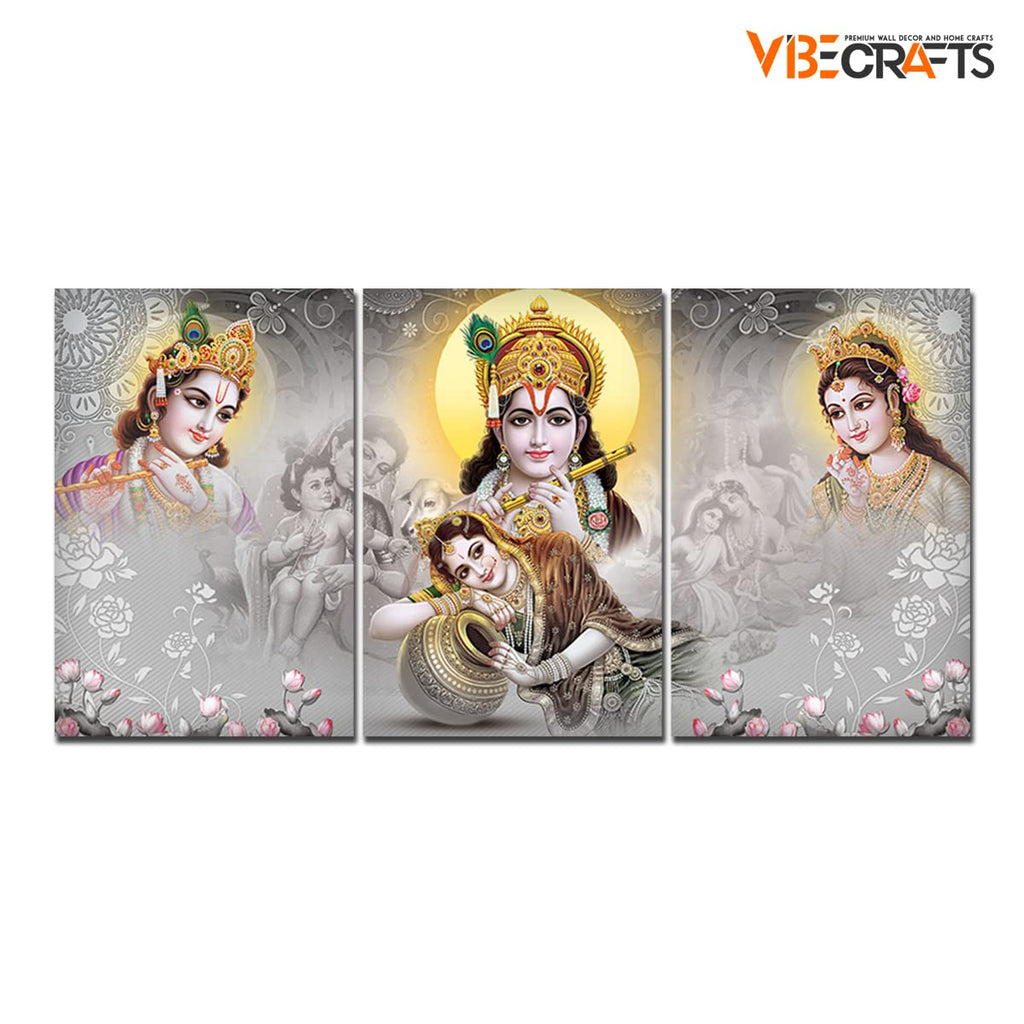 VIBECRAFTS 3 Pieces Beautiful Radha Krishna Canvas Wall Painting Fitted With Wooden Frame For Home | Office | Living Room | Gifts (PTVC3Pcs3_11501)