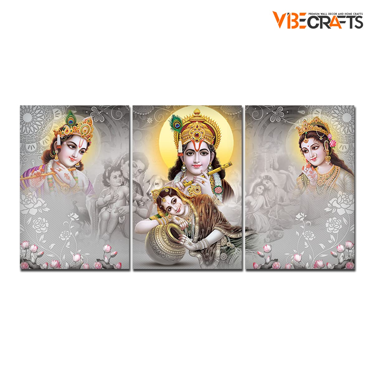 VIBECRAFTS 3 Pieces Beautiful Radha Krishna Canvas Wall Painting Fitted With Wooden Frame For Home | Office | Living Room | Gifts (PTVC3Pcs3_11501)