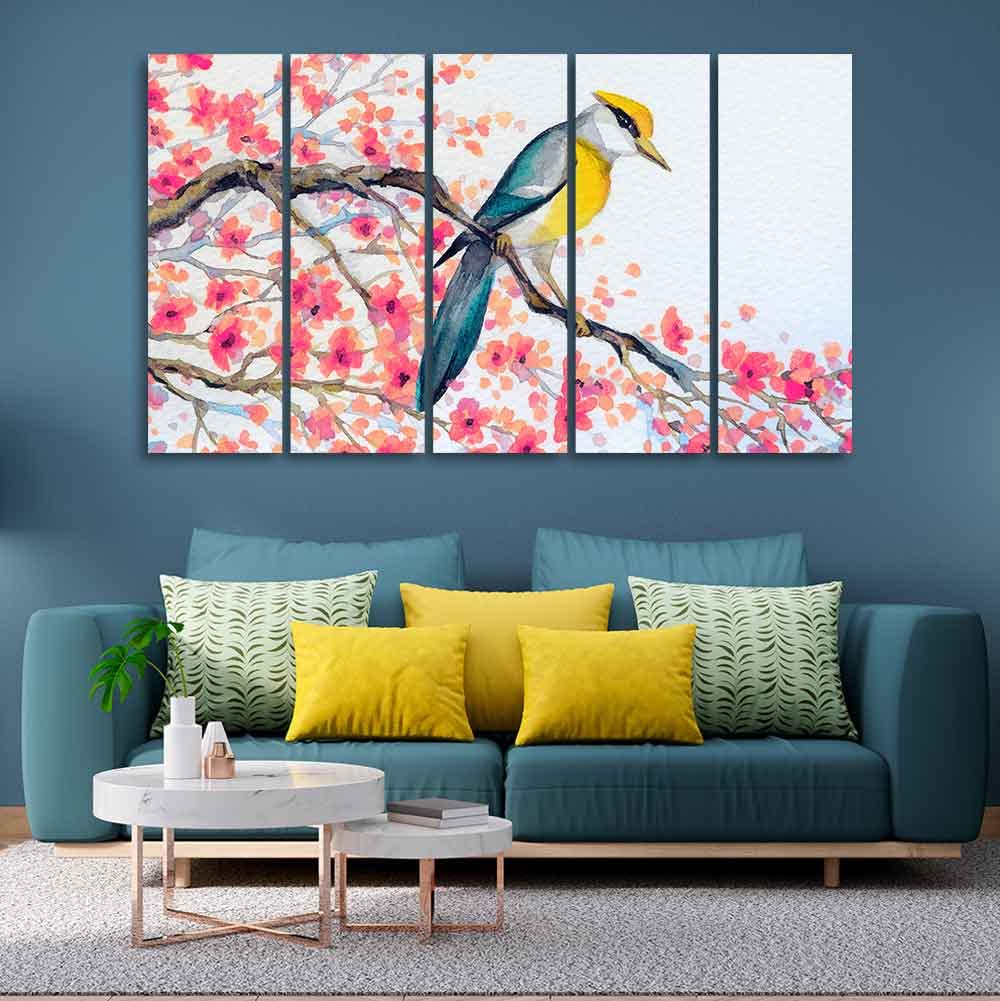 VIBECRAFTS Beautiful Bird on Tree Branch Wall Painting of Five pieces For Home|Office|Living Room|Gift (PTVC5Pcs4_8642)