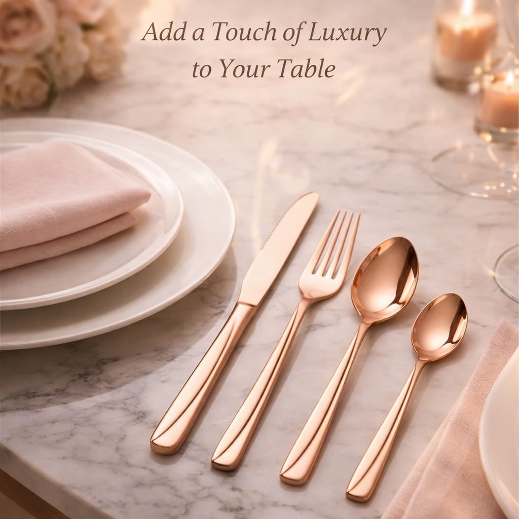 ANH MART Mirror Finish Plated Stainless Steel Flatware Set Copper Silverware Set Spoon Color Cutlery Set [Dinner Fork-Tea Spoon-Salad Spoon-Knife] Set of (Rose Gold LINEING, 12)