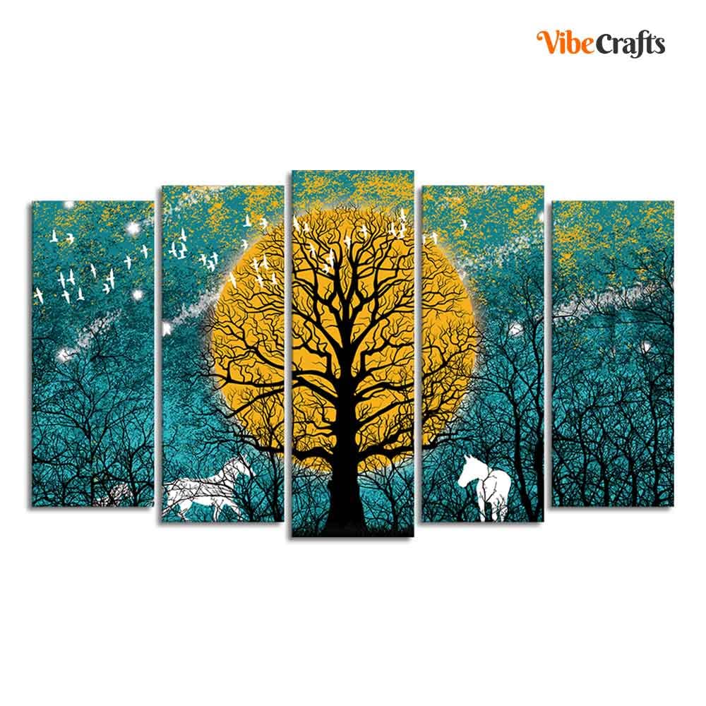 VIBECRAFTS Beautiful White Horses in Forest Premium Wall Painting Set of Five Pieces For Home|Office|Living Room|Gift (PTVC5Pcs2_6573)