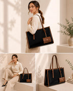 HaveGlam Women's Tote Handbag with Mini Pouch, Brown Trim (Black)