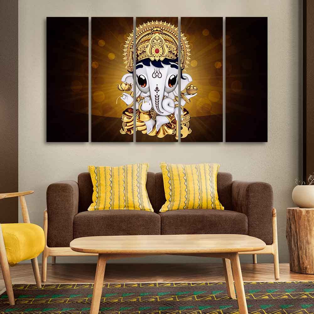 VIBECRAFTS Little Ganesha Premium Wall Painting of Five Pieces For Home|Office|Living Room|Gift (PTVC5Pcs4_8685)