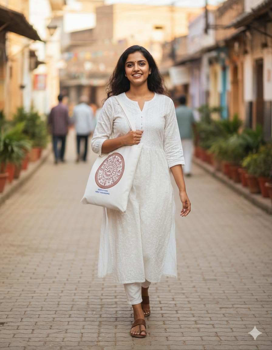 Studio JoySprout Warli Art Canvas Tote Bag | Roots of India Maharashtra Cotton Shopping Bag | Open Top Non Zipper | White | Unisex