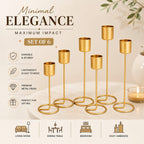 (Set of 6) Gold Metal Taper Candle Holder – Decorative Modern T-Light Stand for Home Decor, Table Centerpiece, Wedding & Festival Decoration, Elegant Golden Stick Holders