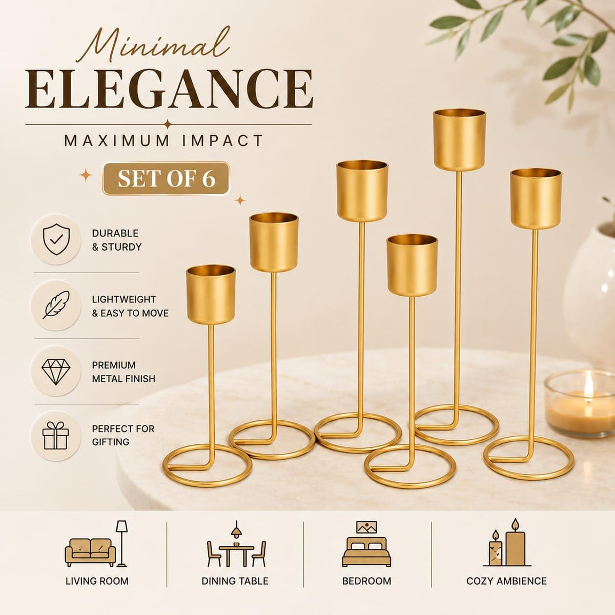 (Set of 6) Gold Metal Taper Candle Holder – Decorative Modern T-Light Stand for Home Decor, Table Centerpiece, Wedding & Festival Decoration, Elegant Golden Stick Holders