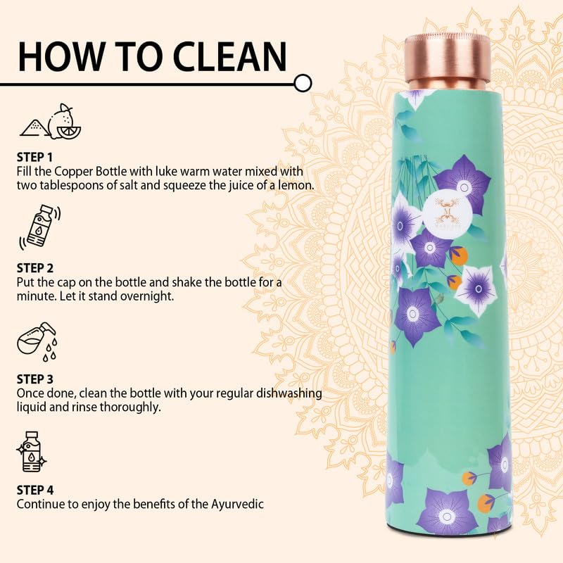 MERCAPE® Pure Copper Water Bottle 900ml | Jointless Design with Leak-Proof Cap | Floral Printed Copper Bottle for Home, Office, School, Travel & Gym | Durable Exterior Finish