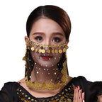 VRITRAZ Women's Chiffon Belly Dance 50 Coin Headband, Wrist Band, Face Veil And Metal Hip Scarf (Gold)