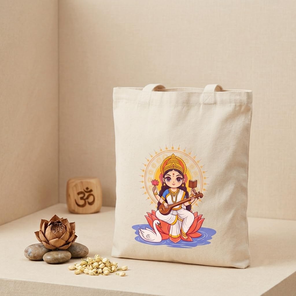 aurora trading Cotton Tote Bag with Sacred God Prints (1, SARASWATHI)