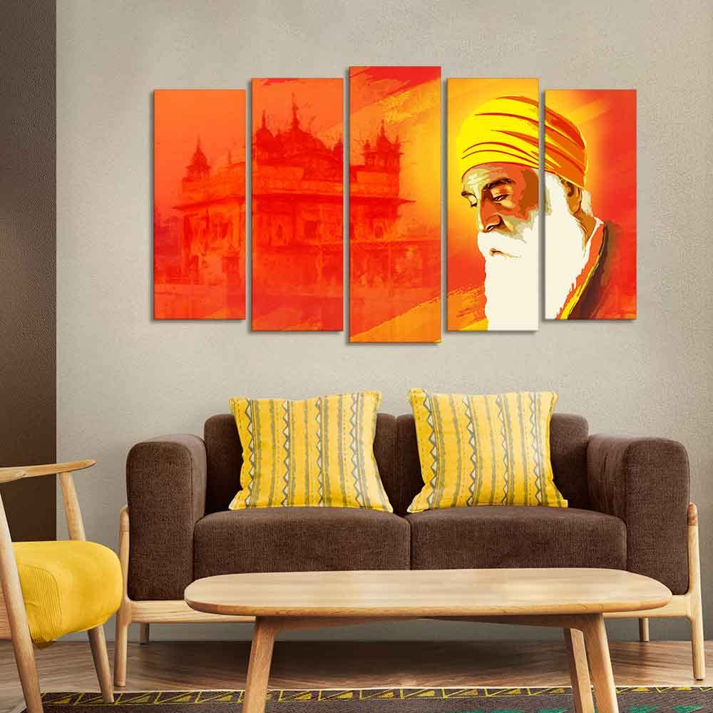 VIBECRAFTS Shri Guru Nanak Dev Premium Wall Painting of Five Pieces For Home|Office|Living Room|Gift (PTVC5Pcs2_6605)