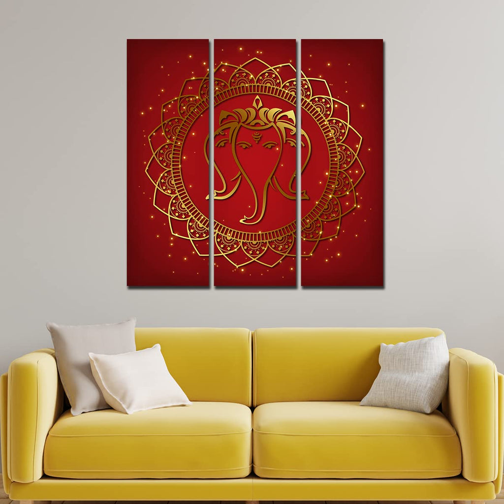VIBECRAFTS 3 Pieces Beautiful Ganesha Face Canvas Wall Painting Fitted With Wooden Frame For Home | Office | Living Room | Gifts (PTVC3Pcs1_9563)
