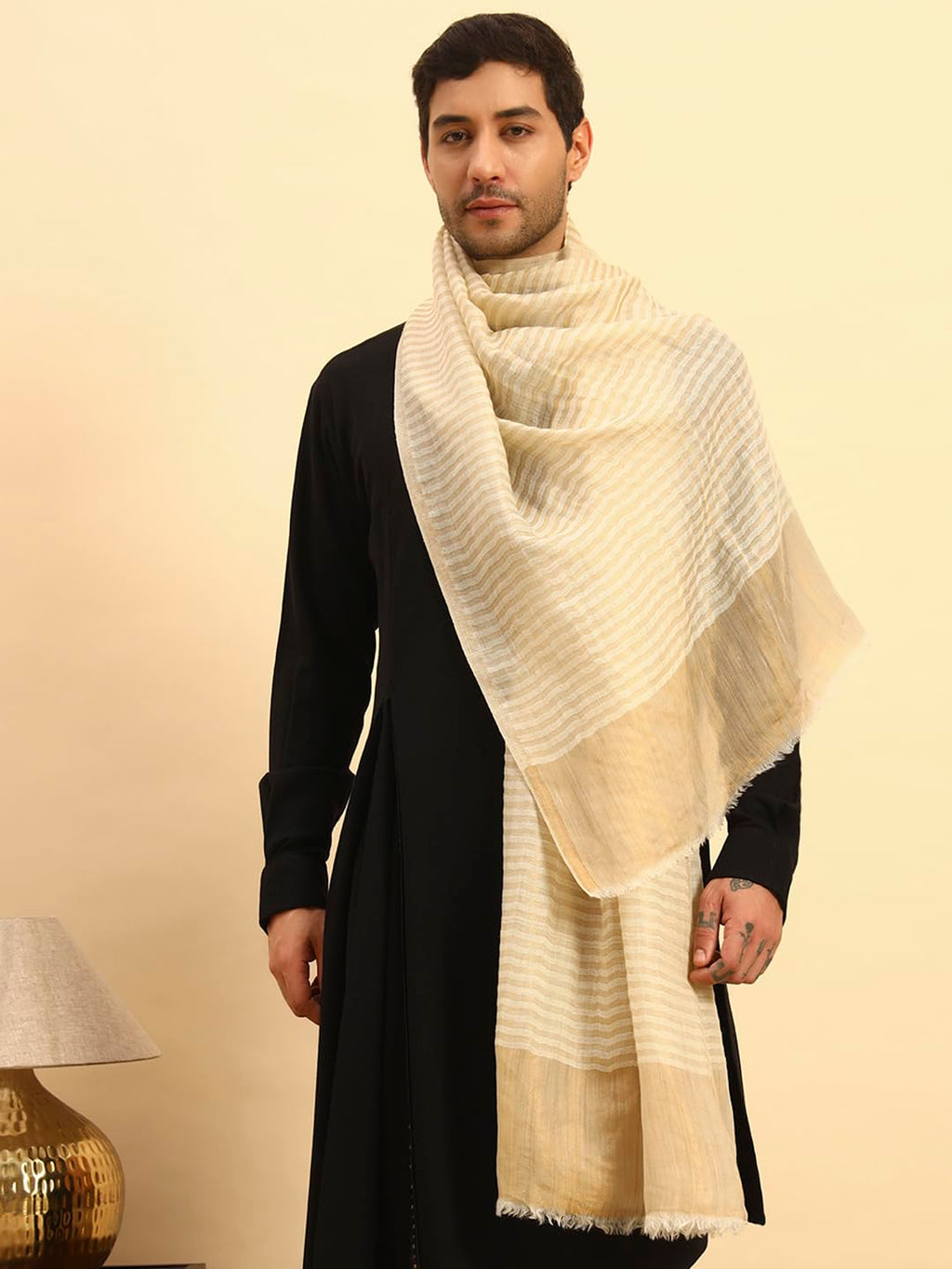 Pashmoda Men Golden Eclipse Reversible Zari Moonlight Fine Wool Stole (Size-28x80in, 71x203cm) MZSST03