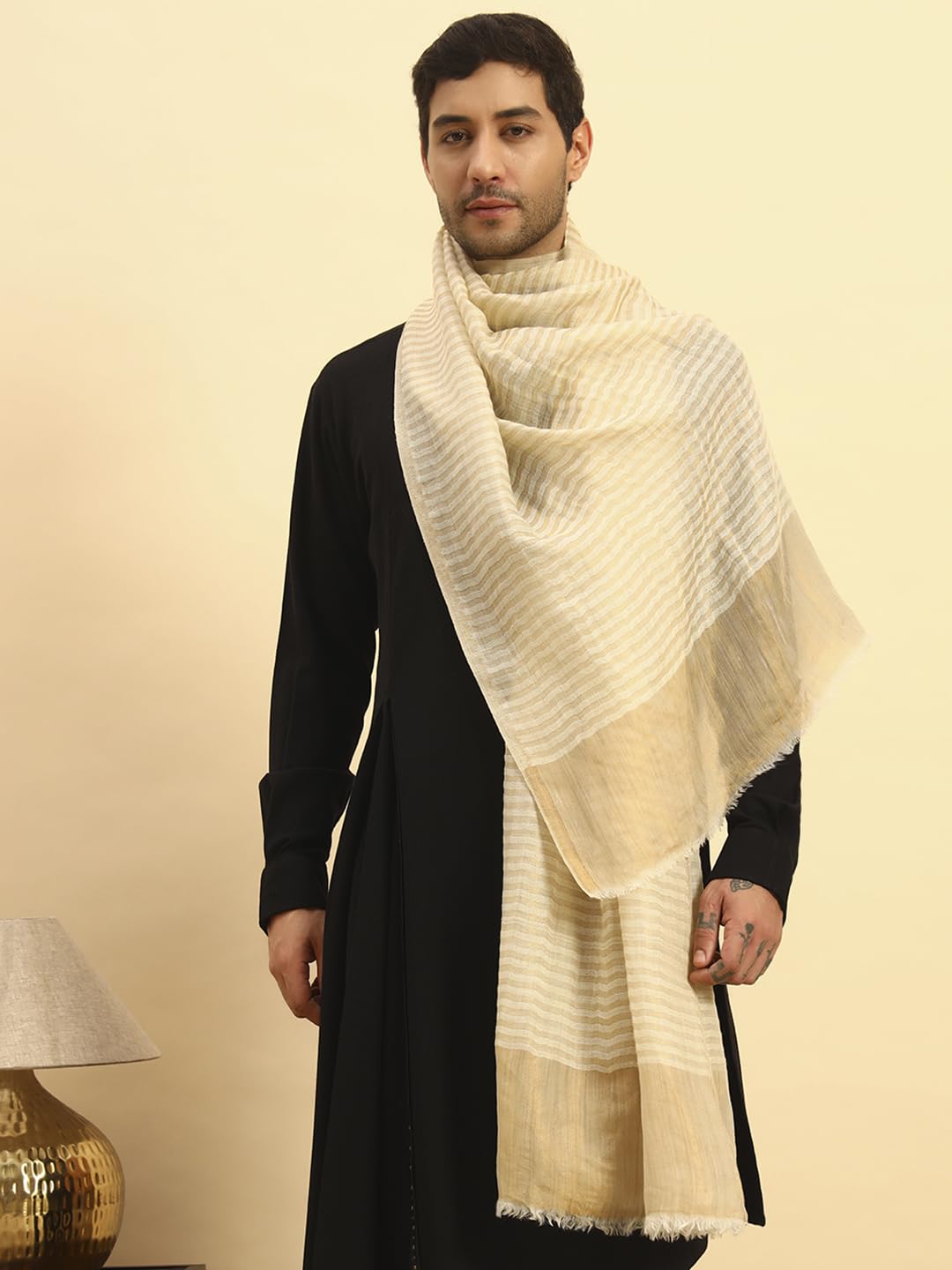 Pashmoda Men Golden Eclipse Reversible Zari Moonlight Fine Wool Stole (Size-28x80in, 71x203cm) MZSST03