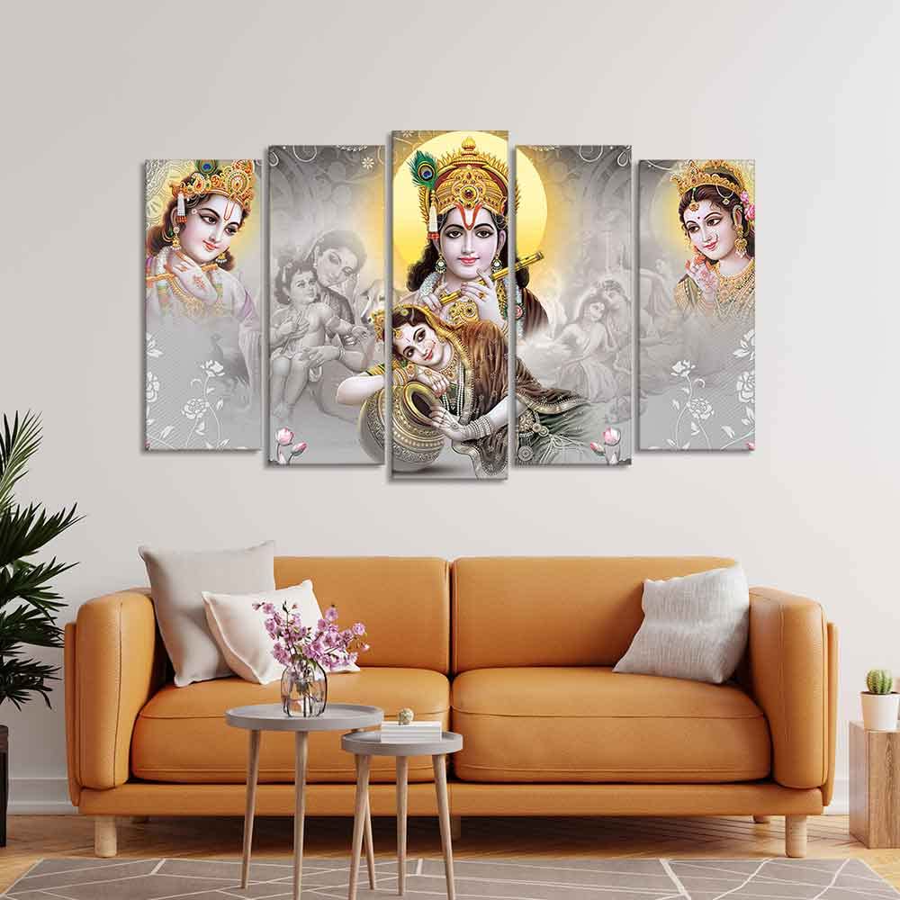 VIBECRAFTS Radha Krishna Premium Wall Painting of Five Pieces Set For Home|Office|Living Room|Gift (PTVC5Pcs2_6612)
