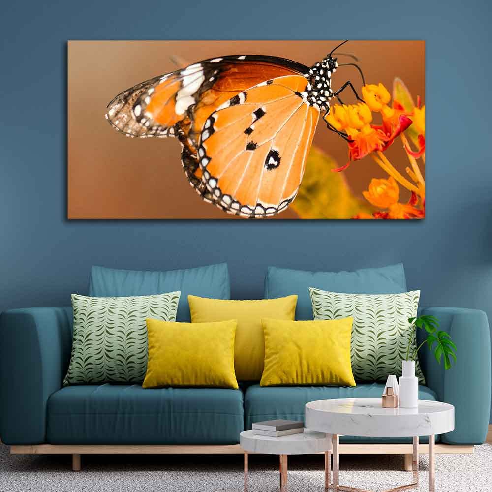 VIBECRAFTS Canvas Paintings for Living Room Drawing Room Beautiful Butterfly On Flower Premium Canvas Wall Painting Fitted With Wooden Frame for Home | Office | Gift (PTVCH_2326)